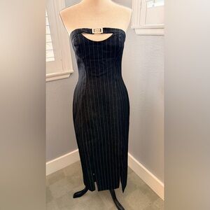 Strapless Stretchy Black Pinstripe Midi Dress with Buckle Accent